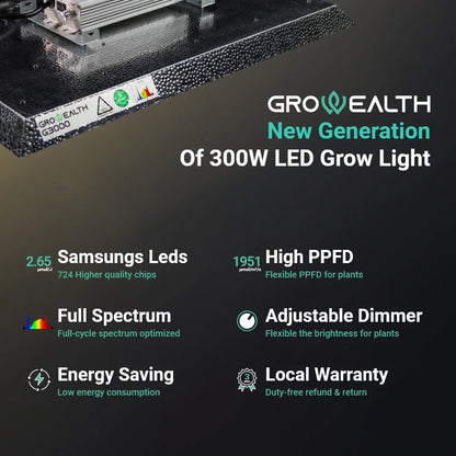Growealth G3000 300W Vollspektrum-LED-Pflanzenlampe für Growboxen